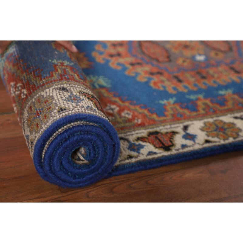 Blue Geometric Viss Indian Runner Rug Handmade Wool Carpet - 2'7"x 10'1"