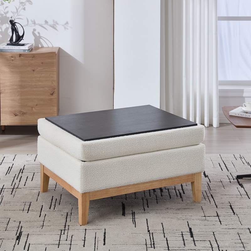 Roomfitters Storage Ottoman, Boucle Coffee Table Footstool with Reversible Lid and Wood Base for Living Room or Bedroom