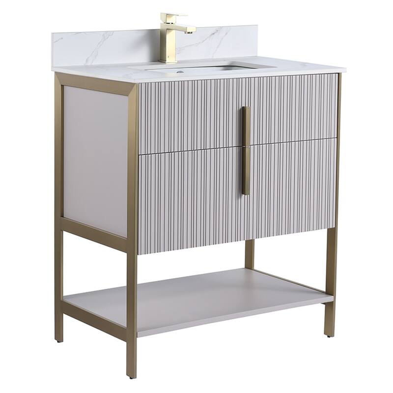Fine Fixtures Serenity Modern Bathroom Vanity with White Carrara Stone Top - Bright Taupe - Brass Hardware - 30 inch