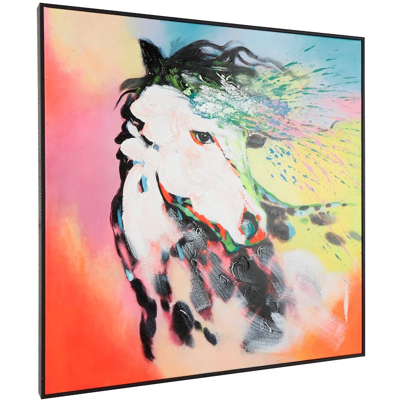 Multi Colored Canvas Abstract Paint Splatter Horse Framed Wall Art with Black Frame - Multi-Color