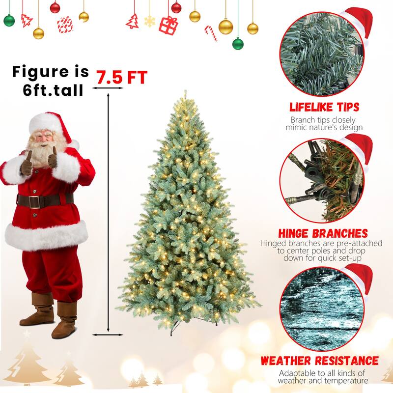6FT Blue PE/PVC Christmas Tree with 350 Warm White LED Lights-1390 Tips, Hinged Branch Design, Full Natural Look