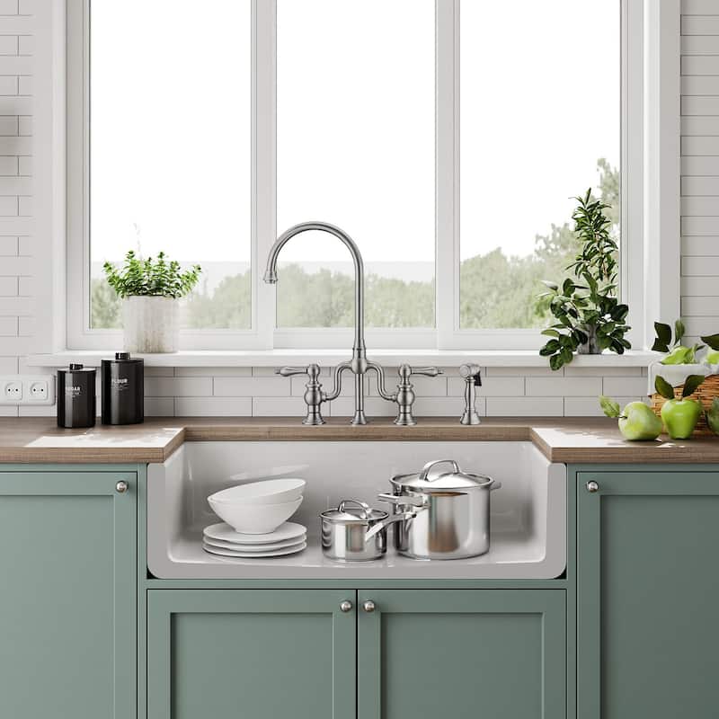 Reversible Fireclay Kitchen Sinks With Grid Three Edge Frame, Plain Front Apron