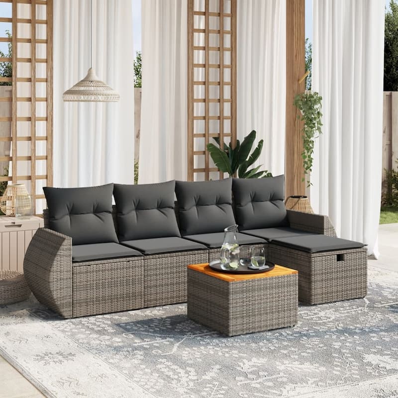 vidaXL Patio Sofa Set with Cushions Outdoor Furniture 6 Piece Poly Rattan - Gray - 27.6 x 27.6 x 27.2 in