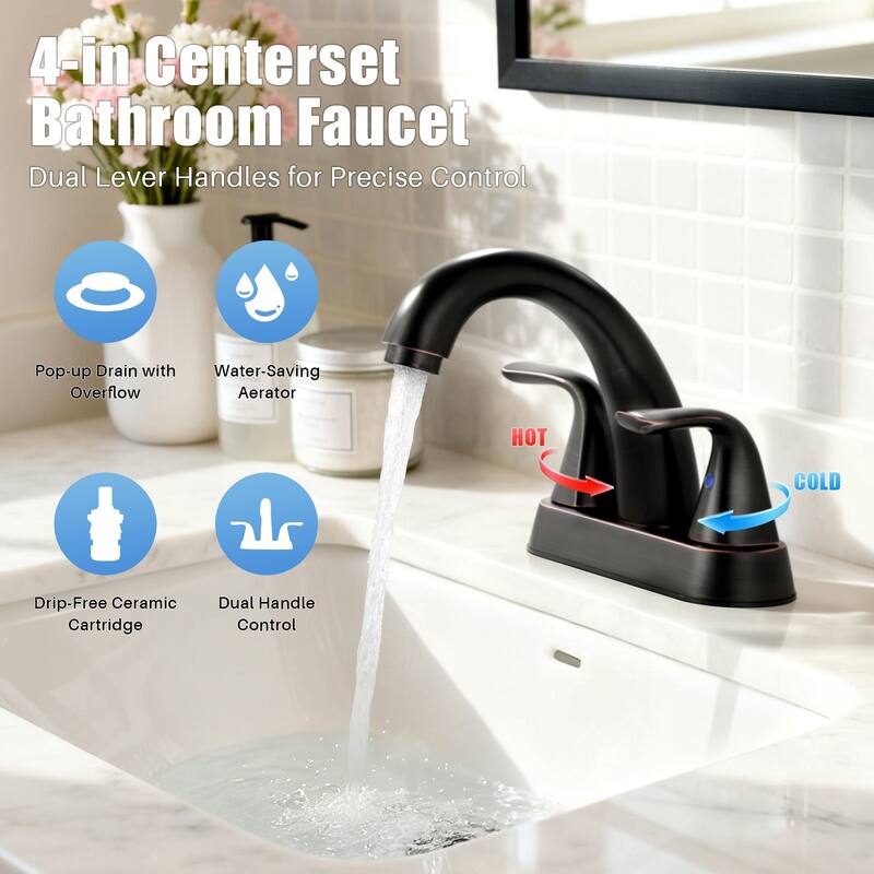 WOWOW 4 in. Centerset Double Handle High Arc Bathroom Sink Faucet