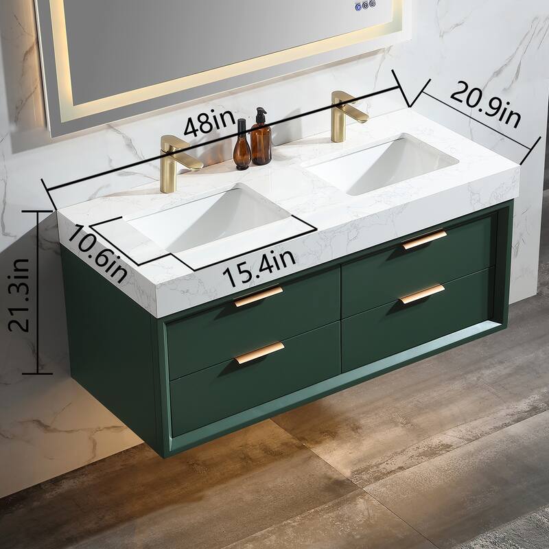 36/48/60 Modern LED Floating Bathroom Vanity with Single/Double Sink & Soft-Close Drawers & Waterproof, Green