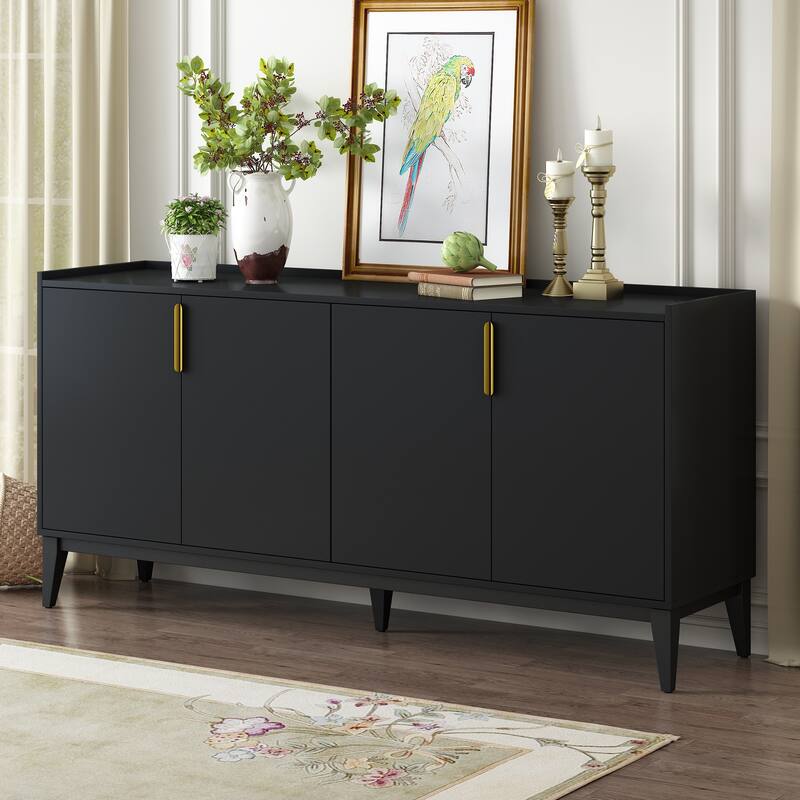 Four-Door Storage Cabinet Wooden Sideboard Cabinet, Adjustable Shelf - Black