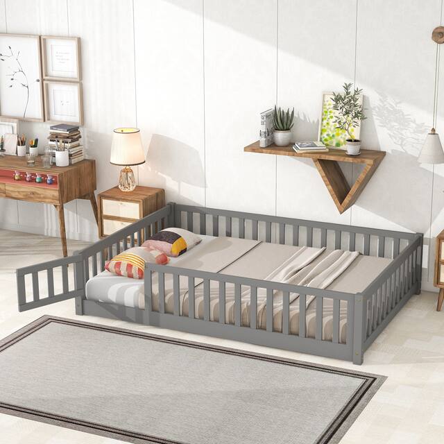Twin/Full/Queen size Floor Platform Bed with Fence and Door for Kids, Toddlers - Grey - Full