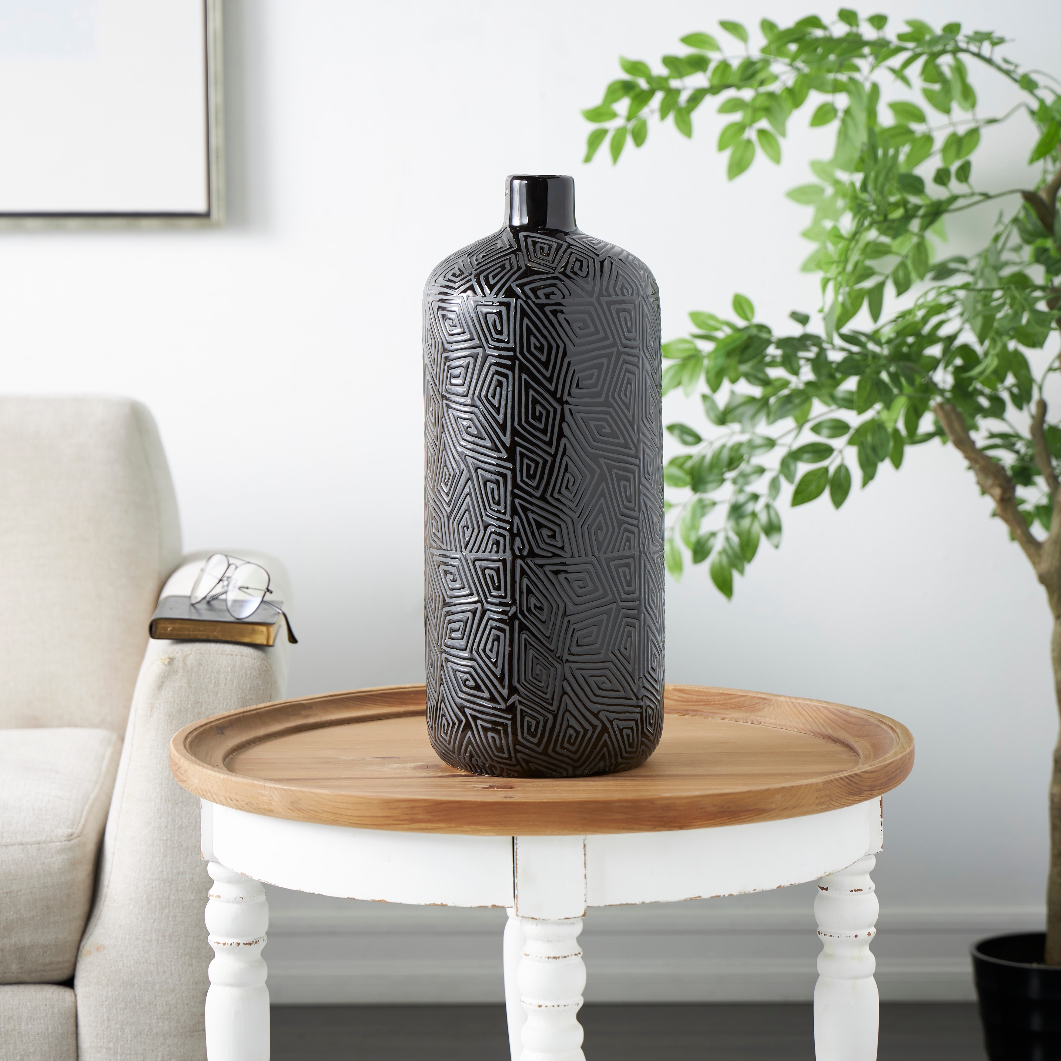 Black Ceramic Vase with Geometric Etchings