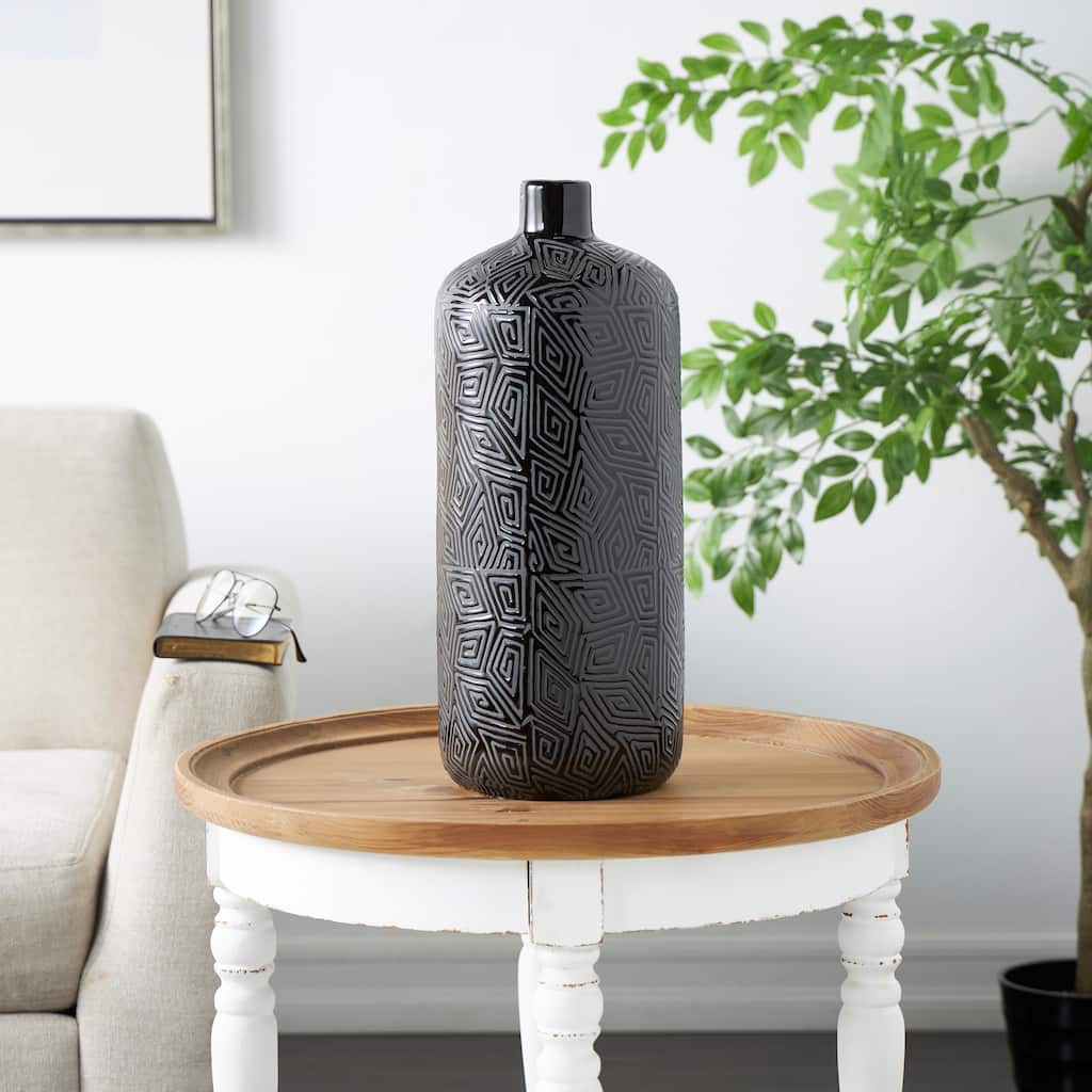 Black Ceramic Vase with Geometric Etchings