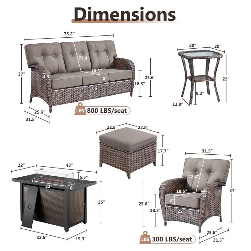 TWrap 7-Piece Wicker Patio Iron Fire Pit Conversation Set with 3-Seat Sofa & Armchairs