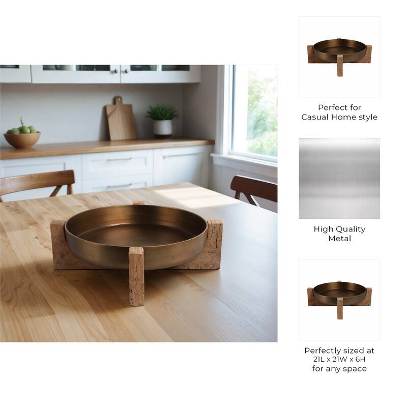 Metal Travertine Bowl Decorative Metallic Removable Stand - 6" Silver - 21" x 21" x 6"