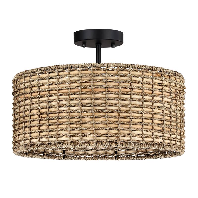 Lennie 3-Light Rattan Drum Semi-Flush Mount Ceiling Light - 16'' W