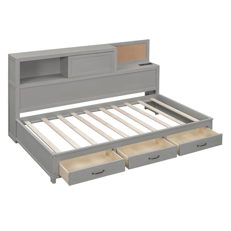 Twin Size Wooden Daybed with Drawers,A Set of Sockets and USB Ports