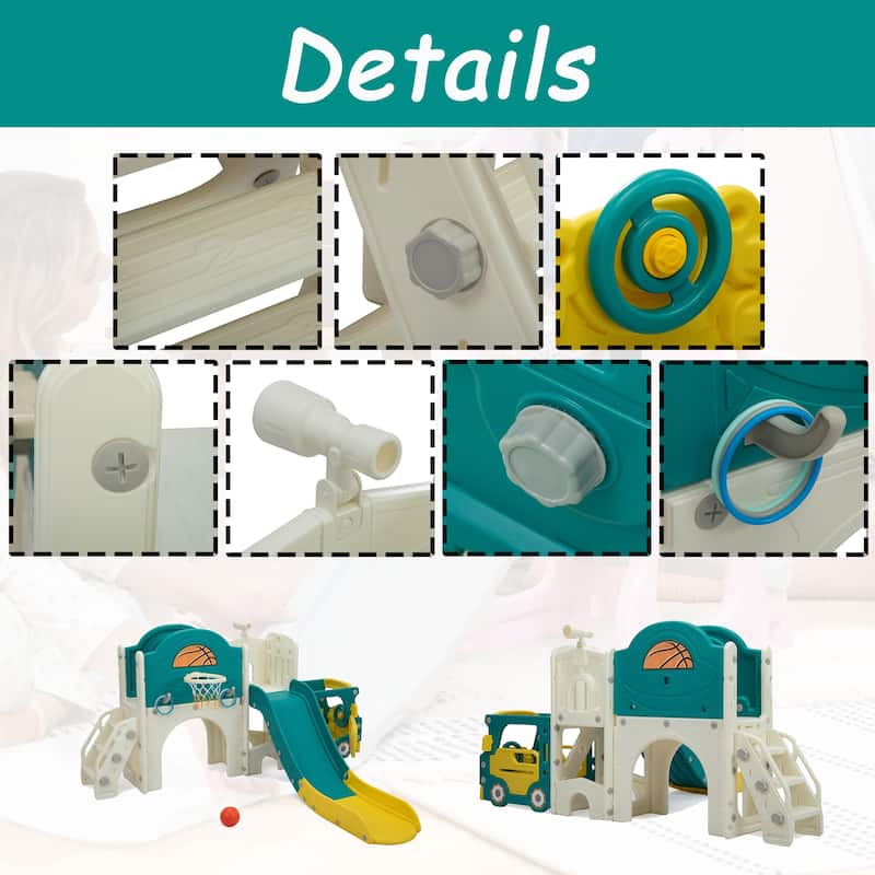 Bus-Themed 9-in-1 Kids Slide & Climbing Playset,Freestanding Castle Playhouse