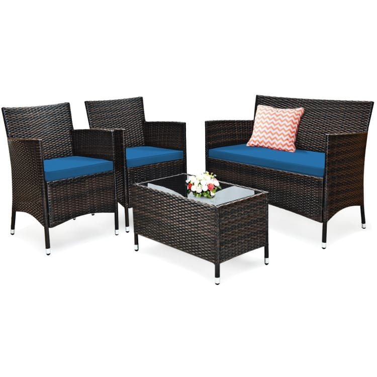 Rattan Patio Conversation Furniture Set with Glass Table and Comfortable Sofa - 4 Pcs