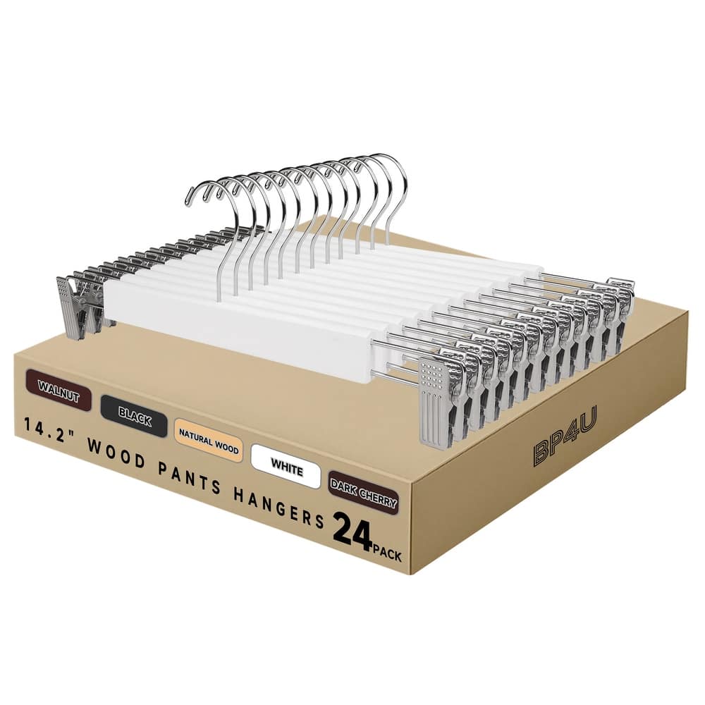 BP4U Premium Wooden Pants Hangers with Adjustable Clips, Solid Wood Skirt Hangers for Jeans, Slacks, Dresses