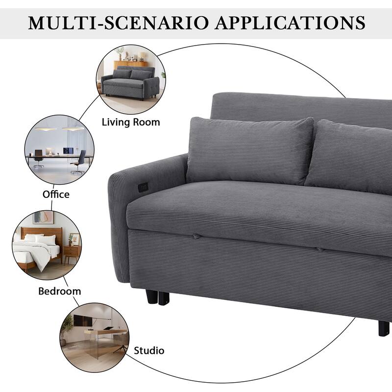Anmytek Grey Modern Pull-out Sleeper Loveseat Sofa Bed with USB Ports and 2 Throw Pillows