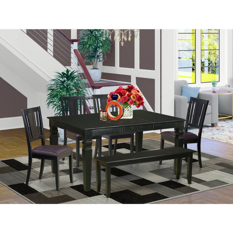 HomeStock 6-Piece Rectangle Black Finish Solid Wood Top dining Table with 1 Bench and 4 Chairs with Lattice Back