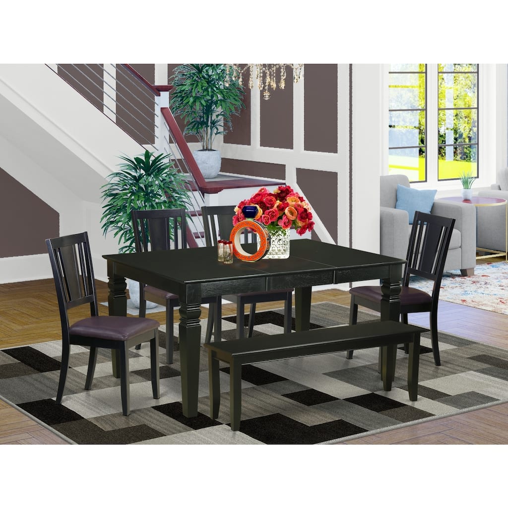 HomeStock 6-Piece Rectangle Black Finish Solid Wood Top dining Table with 1 Bench and 4 Chairs with Lattice Back
