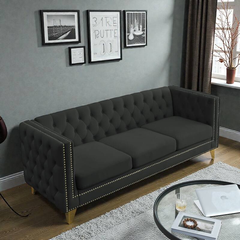Modern Velvet Chesterfield Sofa for Living Room, Button-Tufted 3-Seater Couch with Square Arms and Metal Legs