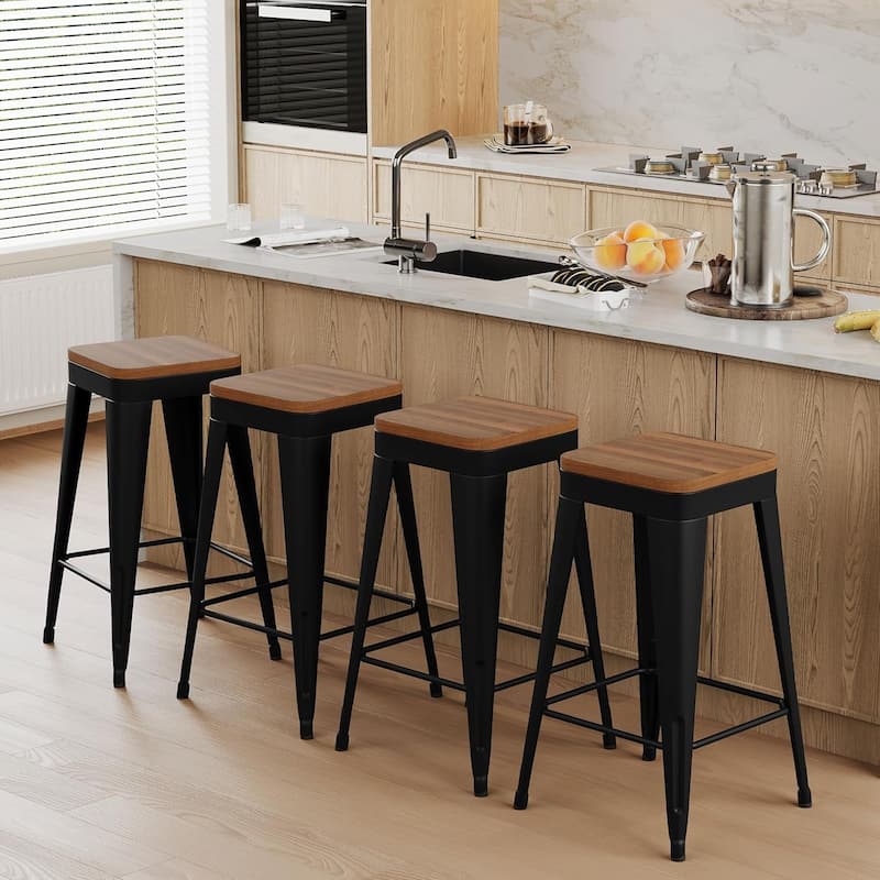 Counter Stools with Metal Frame Backless Counter Height Bar stools 24" Seat Height Kitchen Bar Furniture Stools with Wooden Seat