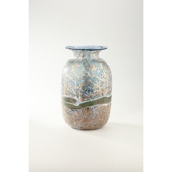13.5" Copper and Blue Striped Hand Blown Glass Vase - N/A