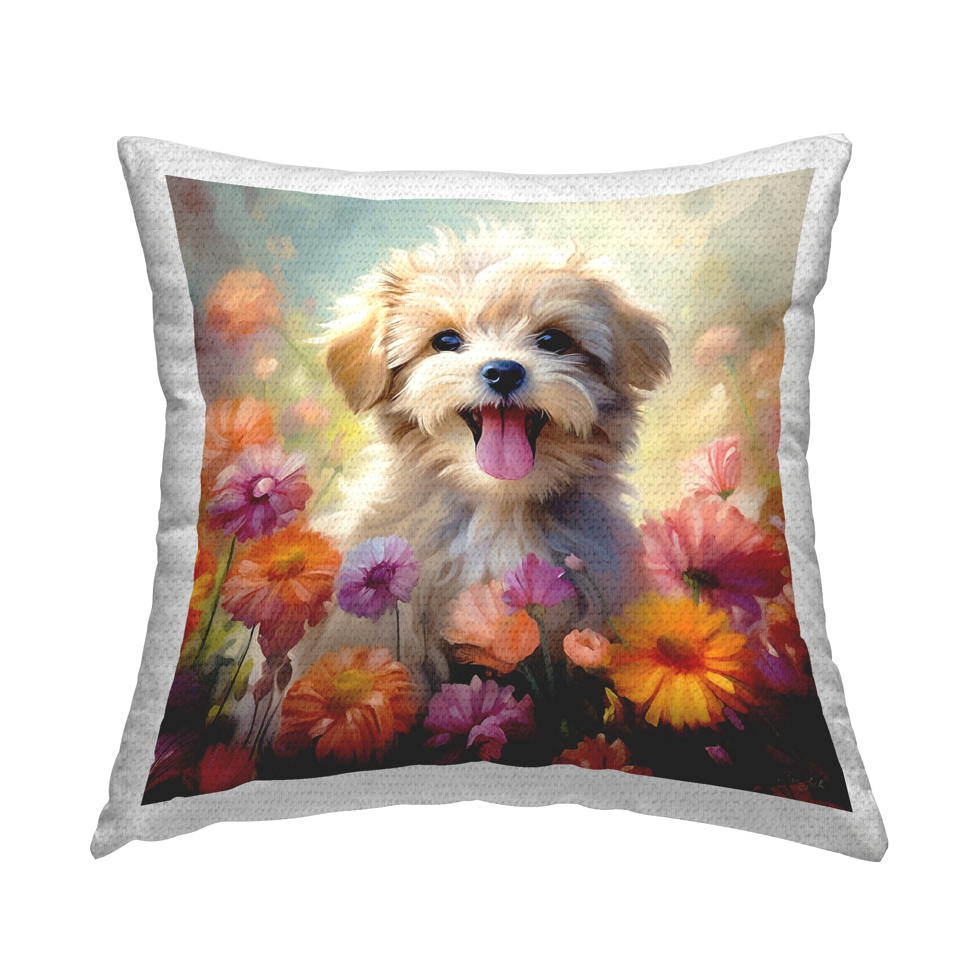 Stupell Puppy & Flower Meadow Printed Outdoor Throw Pillow Design by Roozbeh