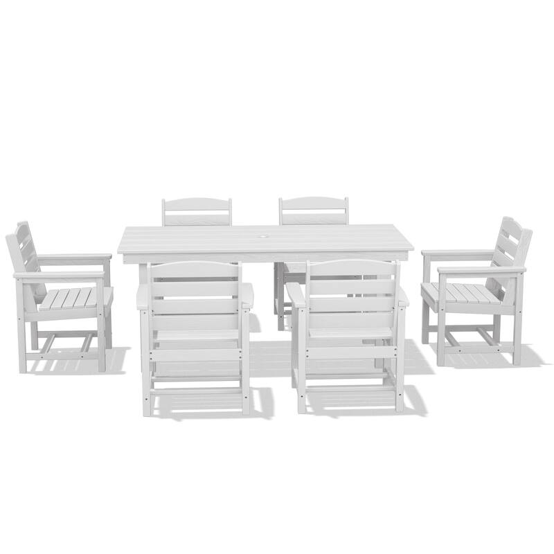 7-Piece HDPE Outdoor Dining Table Sets with Umbrella Hole - 1-Table 6-Chairs