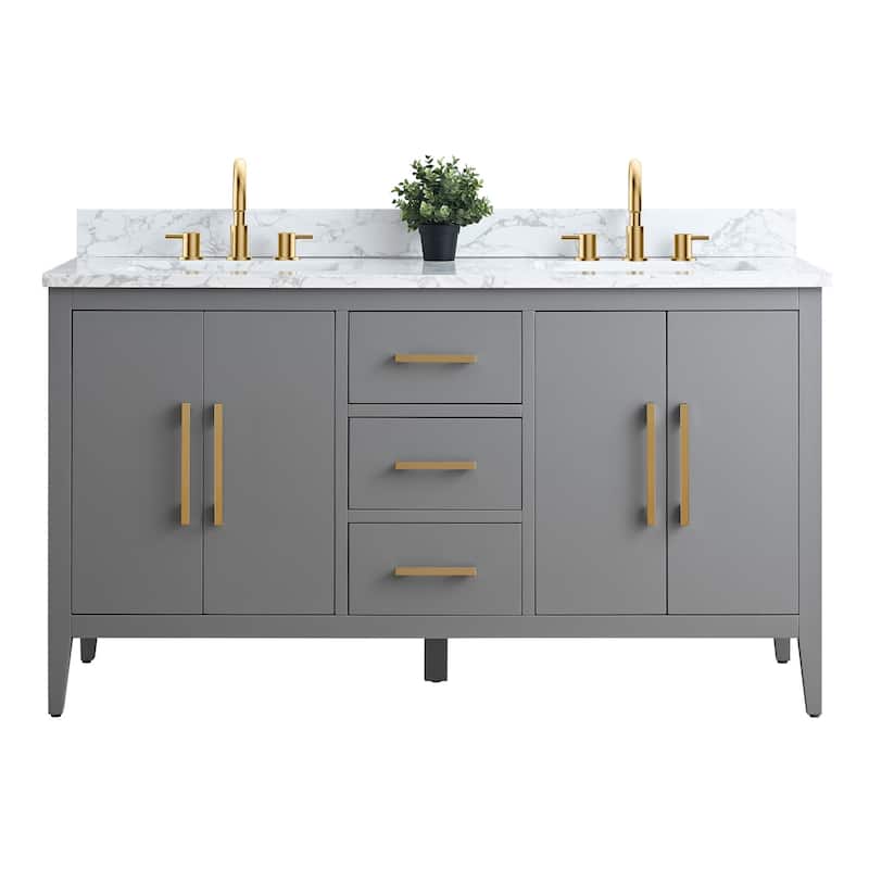 Vanity Art 60" Double Sink Bathroom Vanity Cabinet with Engineered Marble Top