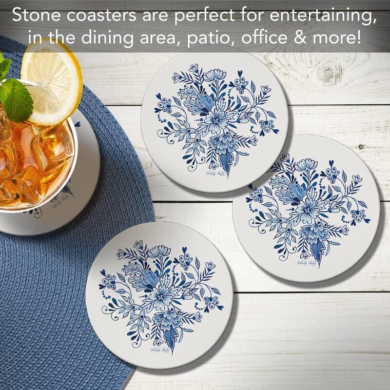 Blue & White Floral Round Absorbent Stone Coaster 4 Pack with Protective Cork Backing. Manufactured in The USA