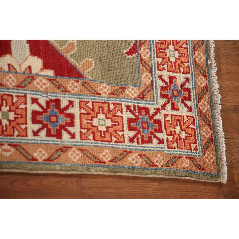 Geometric Green Kazak Oriental Accent Rug Handmade Wool Carpet - 3'3"x 5'1"