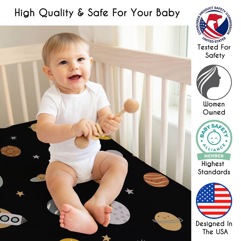 Sweet Jojo Designs Black Space Themed Boy Fitted Crib Sheet -Moon & Stars, Whimsical, Outerspace, Galaxy Planets, Rockets, Moons
