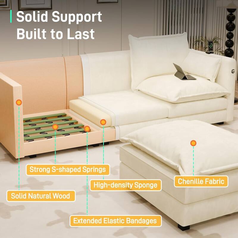 Modular Sectional Sofa L Shaped Couch, 3/4 Seat Sofa Set with Ottoman, Chenille Fabric