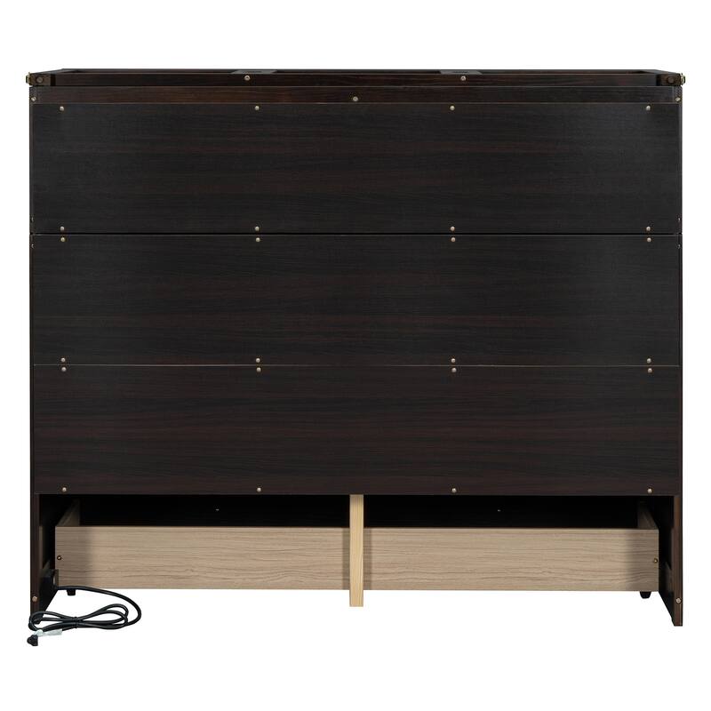 Full/Queen Size Murphy Bed with a Large Drawer, Solid Wood Wall Bed Murphy Chest Bed, Folding Murphy Bed Cabinet with USB Port
