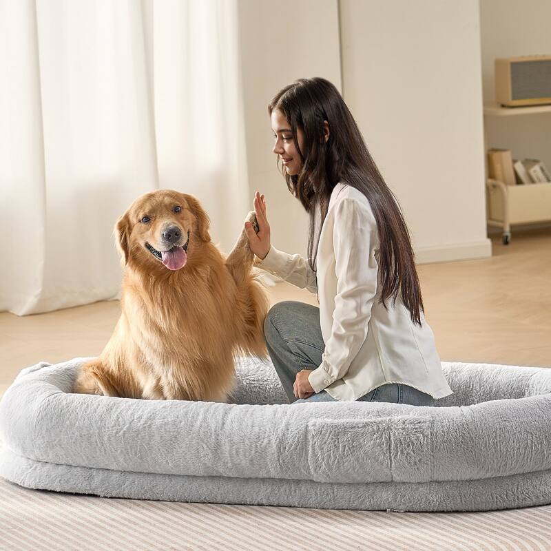 Grey Polyester Portable Large Human Size Dog Bed Suitable for Any Room - Medium
