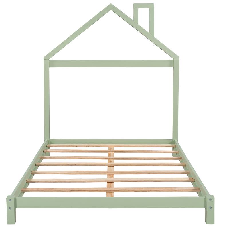 Wood Platform Bed with House-Shaped Headboard