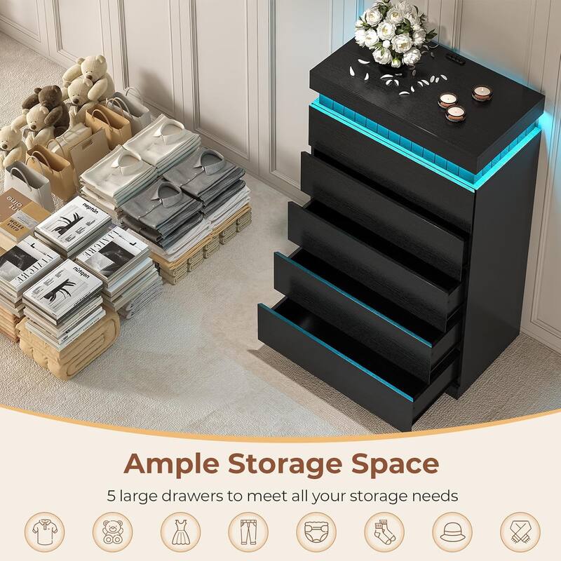 Bedroom Dresser Drawers with LED Light Power Outlet Chest of Drawer
