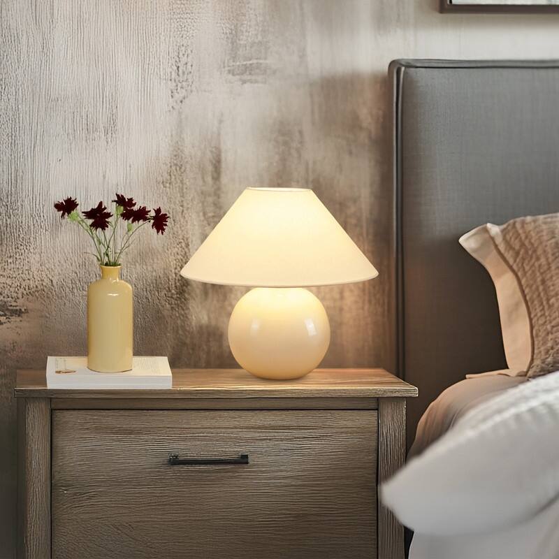 Brightech Fiona LED Off-White Cream Ceramic Midcentury Round Globe Bedside Nightstand Desk Lamp with Cream Cotton Empire Shade