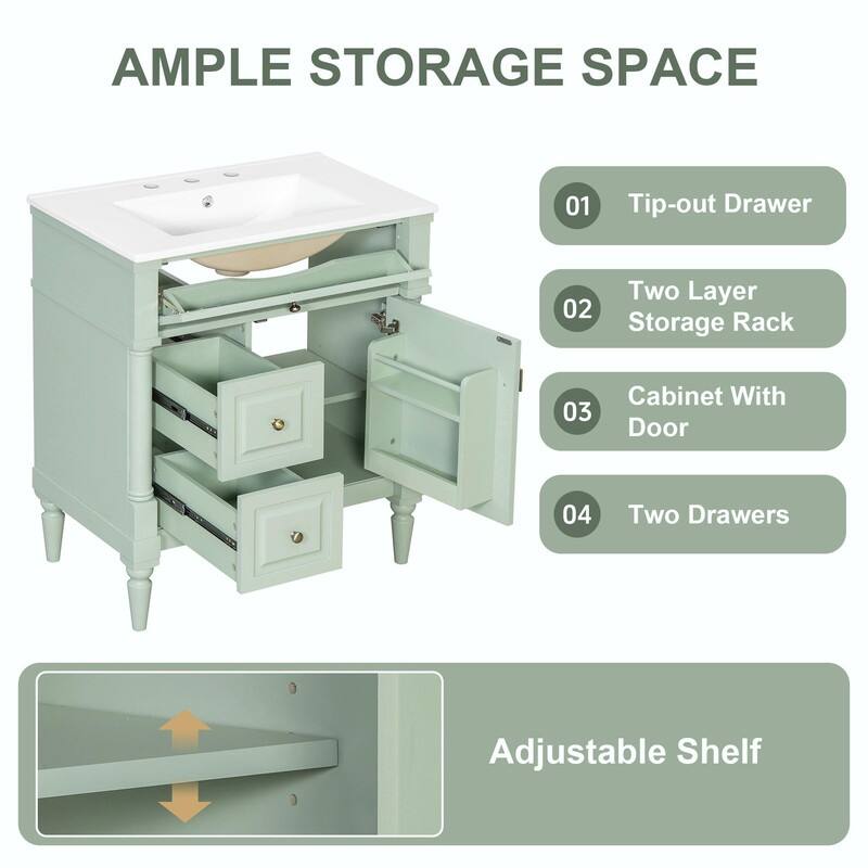 36" Bathroom Vanity with Sink, Freestanding Bathroom Cabinet with Ceramic Basin, Flip Drawer