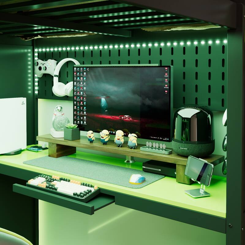 Full Size Wood Loft Bed with, Wardrobe, Shelves, Blackout Curtains, and RGB Lights