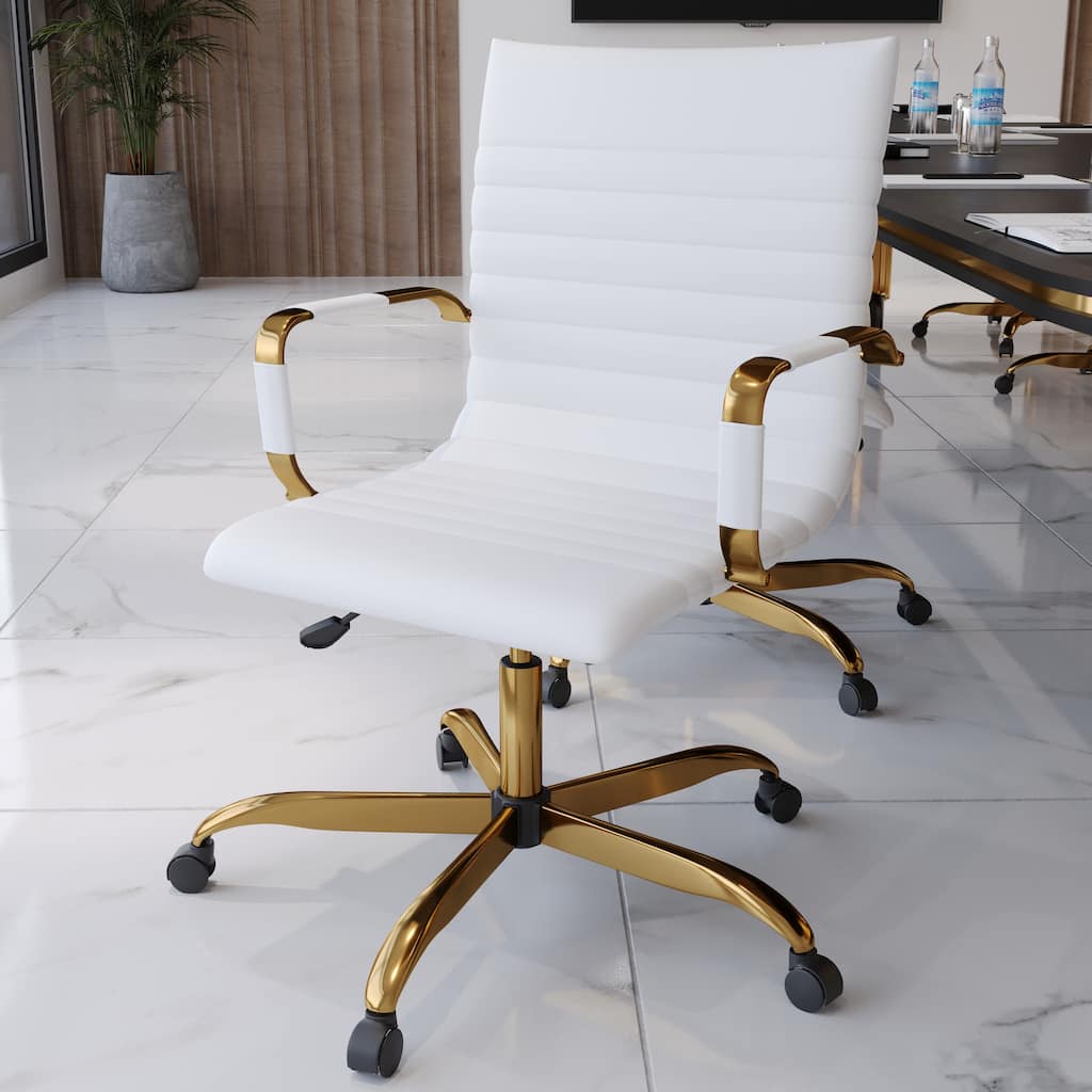 Harris Modern Mid-Back Leather Office Chair with Gold Frame, Padded Seat, Adjustable Height, 360° Swivel and Rolling Casters