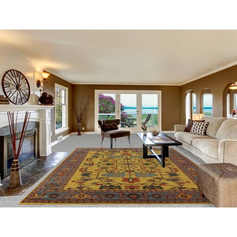 Yellow Oushak Indian Area Rug Hand-Knotted Wool Carpet - 8'10"x 11'10"