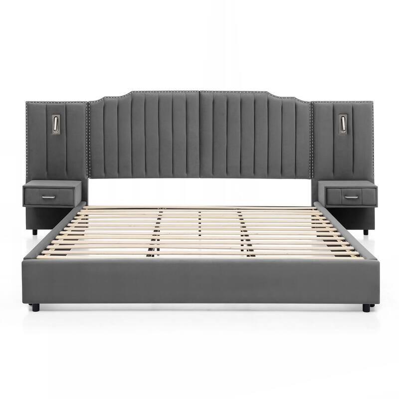 King Size Upholstered Bed Frame with Velvet Fabric