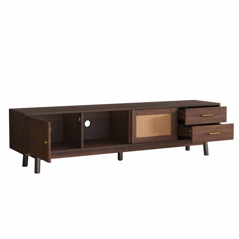 80" Mid Century TV Stand - Rattan Doors, Storage Drawers, Waterproof