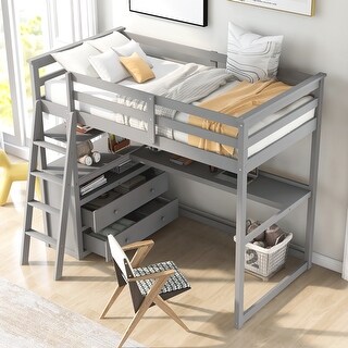 Twin Size Loft Bed with Desk and Shelves, 2 Built-in Drawers