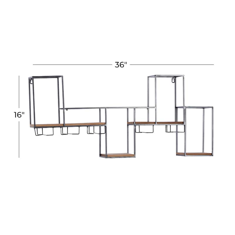 Metal Geometric 7 Bottle Wall Wine Rack with 5 Glass Holder Slots - Black - Roche River Decor - 6"W x 36"L x 16"H