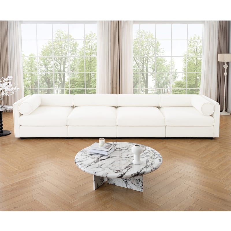 Modern 4 Deep Seat Modular Sofa with Storage, Cylindrical Backrest & Armrests - White