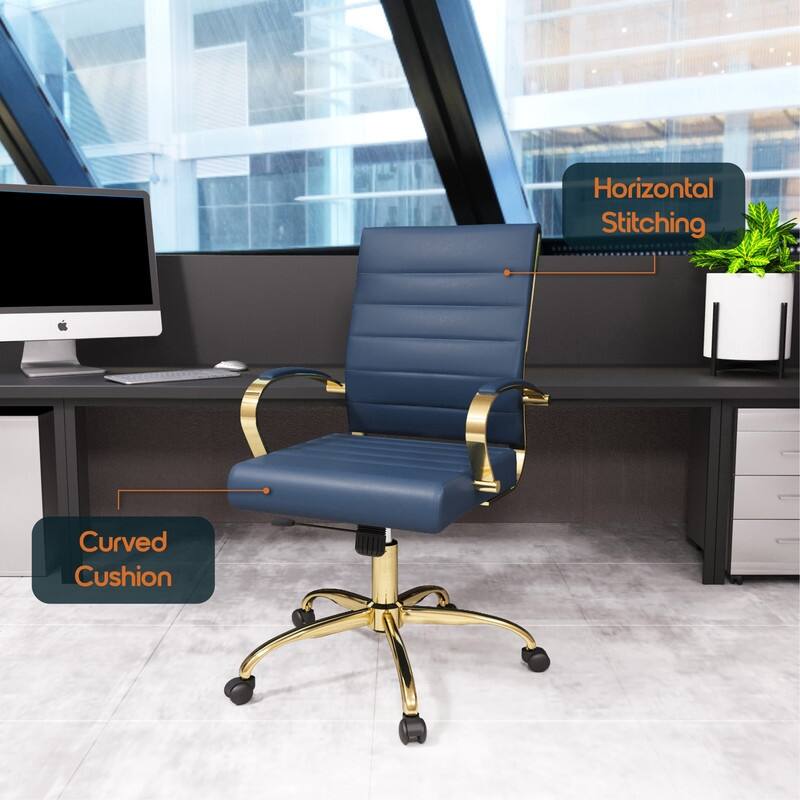 Benmar Mid-Back Leather Office Desk Chair in Gold Stainless Steel Frame Adjustable Height Tilt Lock 360 Swivel Ergonomic Chair