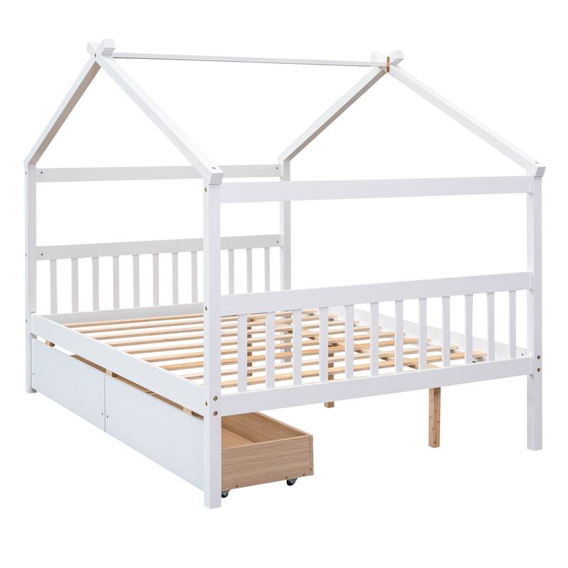 Full Size Wooden House Bed with 2 Drawers, Pinewood Frame, Kids Daybed, No Box Spring Needed