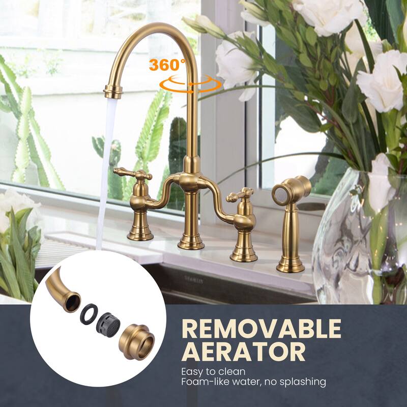 WOWOW Double Handle High Arc Bridge Kitchen Faucet with Side Sprayer